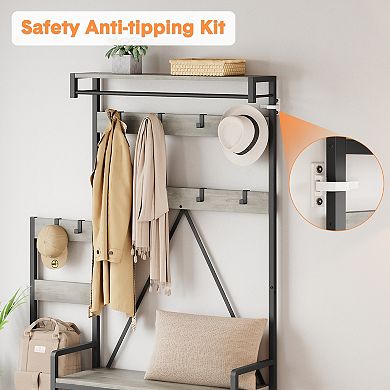 Industrial Hall Tree Coat Rack with Shoe Storage Bench Freestanding Entryway OrganizerMetal Frame