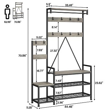 Industrial Hall Tree Coat Rack with Shoe Storage Bench Freestanding Entryway OrganizerMetal Frame
