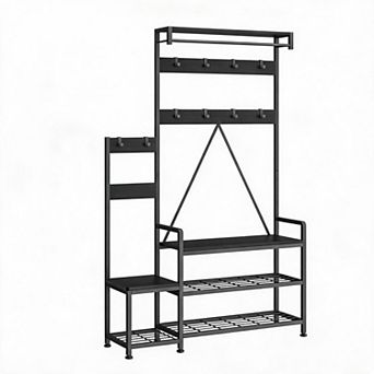 Industrial Hall Tree Coat Rack with Shoe Storage Bench Freestanding Entryway OrganizerMetal Frame
