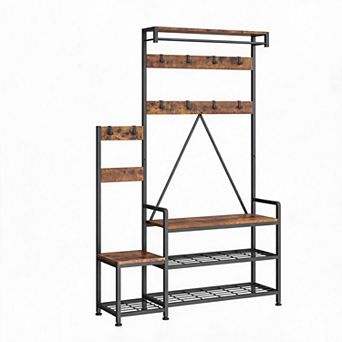 Industrial Hall Tree Coat Rack with Shoe Storage Bench Freestanding Entryway OrganizerMetal Frame