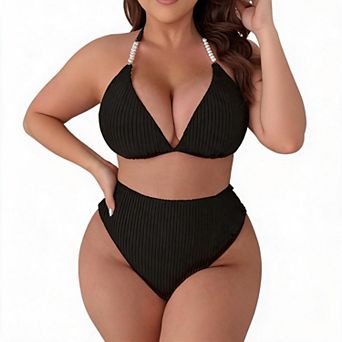 Plus Size Two Piece Bikini Set Ribbed Halter High Waist Tummy Control Bathing Suit Swimwear
