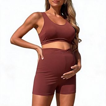 Maternity Two Piece Swimsuit U Neck Crop Tank Bikini Top High Waist Tummy Support Swim Shorts Set