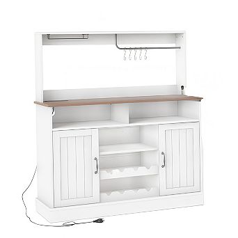 Farmhouse Coffee Bar Cabinet with Charging Station, 47" Kitchen Hutch Buffet Sideboard with Hooks