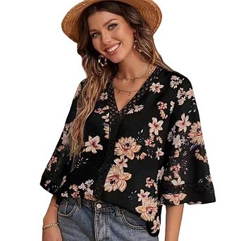 Womens Summer Casual Tops Floral Print Lace Deep V Neck 3/4 Sleeve Blouses Boho Vacation Loose Tops
