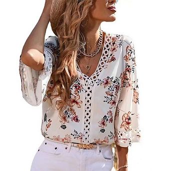 Womens Summer Casual Tops Floral Print Lace Deep V Neck 3/4 Sleeve Blouses Boho Vacation Loose Tops