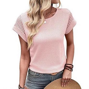 Womens Summer Casual T Shirts Waffle Knit Top Lace Hollow Out Short Sleeve Crewneck Basic Tee Blouse