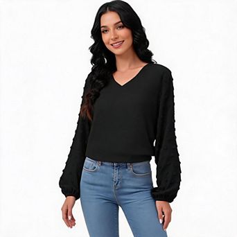 Womens Balloon Jacquard Long Sleeve Tunic Top Casual Fashion V Neck Loose Fit Boho Dressy Work Shirt