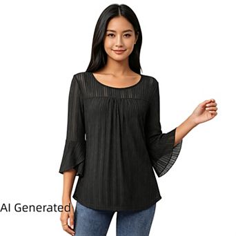Womens Mesh Ruffle 3/4 Sleeve Shirt Dressy Tops Crewneck Casual Work Pleated Curved Hem Flowy Blouse