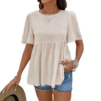 Womens Summer Babydoll Top Short Sleeve Crewneck Flowy Pleated T Shirts Casual Loose Fit Cute Blouse