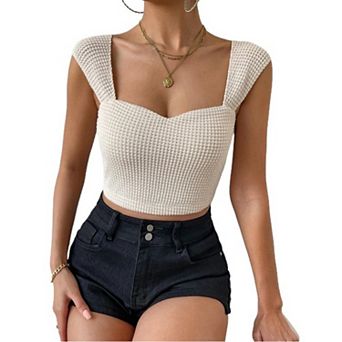 Womens Summer Cropped Tank Tops Sleeveless Sweatheart Neck Square Back Casual Slim Fitted Shirts