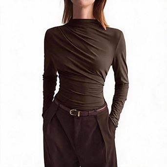 Womens Fashion Asymmetrical Ruched T Shirt Mock Neck Long Sleeve Slim Fitted Business Basic Tee Tops