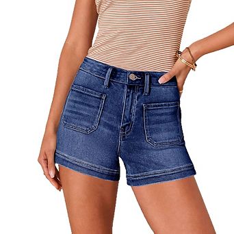 High Waist Straight Leg Plain Denim Shorts Oversized Back Patch Pockets Contrast Stitch Detail Short
