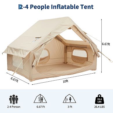 Inflatable Camping Tent with Stove Jack and Mesh Windows, Easy Setup