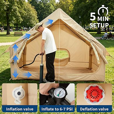 Inflatable Camping Tent with Stove Jack and Mesh Windows, Easy Setup