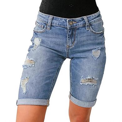 Mid Rise Knee Length Bermuda Denim Shorts Front Multi Rip Distressing Roll Cuff Hem Casual Shorts
