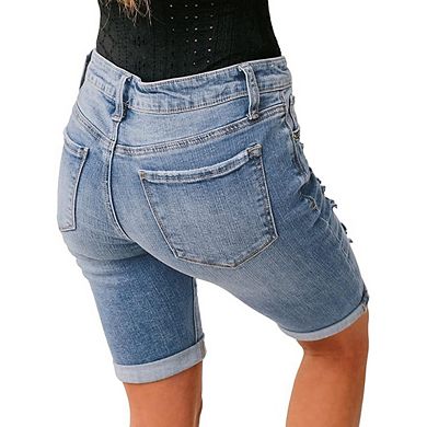 Mid Rise Knee Length Bermuda Denim Shorts Front Multi Rip Distressing Roll Cuff Hem Casual Shorts