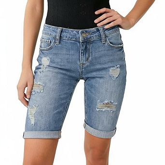 Mid Rise Knee Length Bermuda Denim Shorts Front Multi Rip Distressing Roll Cuff Hem Casual Shorts