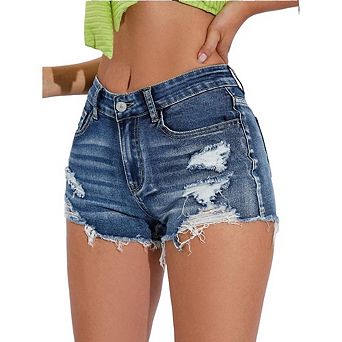 High Waist Cutoff Distressed Denim Shorts Multi Front Ripped Holes Jagged Fray Raw Hem Trend Shorts