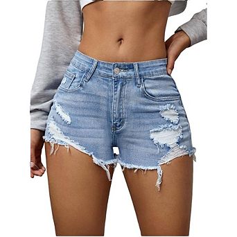 High Waist Cutoff Distressed Denim Shorts Multi Front Ripped Holes Jagged Fray Raw Hem Trend Shorts