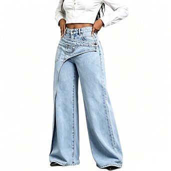 Women's High Waist Wrap Overlay Wide Leg Jeans, Asymmetrical Panel Slit Denim Pants