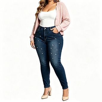 Plus Size Women's High Waist Skinny Jeans, Rhinestone Embellished Stretch Denim Pants