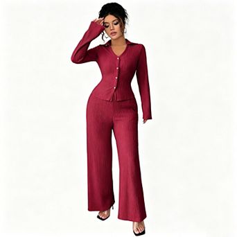 Seoria Long Sleeve Button Collar Top Wide Leg Pants Matching Two Piece Outfit Casual Co Ord Set