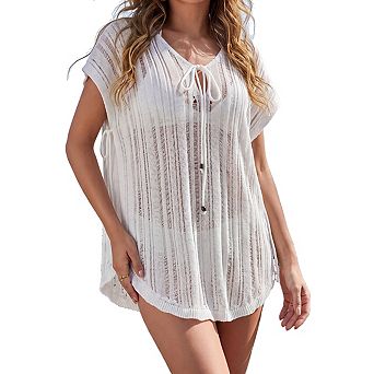 Women Rib Sheer Knit Swim Cover Up V Neck Drawstring Side Split Short Sleeve Beach Tunic Dress