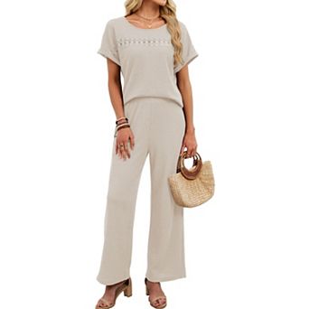 Seoria Short Sleeve Hollow Out Top Wide Leg Pants Matching Waffle Knit Casual Co Ord Set