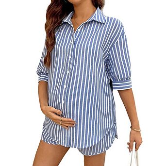 Seoria Maternity Short Sleeve Striped Shirt Shorts Matching Two Piece Loungewear Co Ord Set