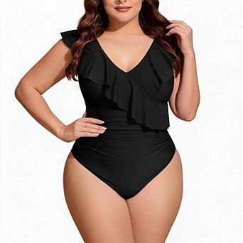 Plus Size One Piece Swimsuit for Women Ruffle V Neck Tummy Control Bathing Suit Beachwear
