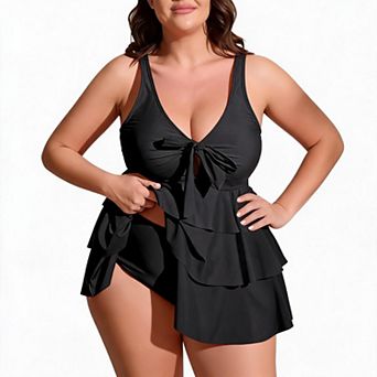 Plus Size Swimsuit for women Front Tie Ruffle Swim Dress Tummy Control Bathing Suit