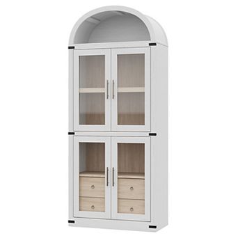 Farmhouse Arched Bookshelf Cabinet with Glass Doors and Drawers 71.4" Tall Wooden Storage Display