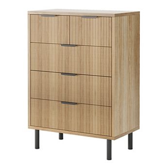 Modern Fluted 5 Drawer Hallway Storage Cabinet Wide Tall Wood Chest with Deep Drawers, Metal Legs