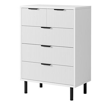 Modern Fluted 5 Drawer Hallway Storage Cabinet Wide Tall Wood Chest with Deep Drawers, Metal Legs