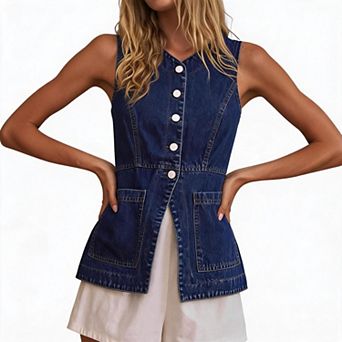 Women Sleeveless Button Front Denim Vest Waist Cinch Split Hem Pocket Jean Waistcoat