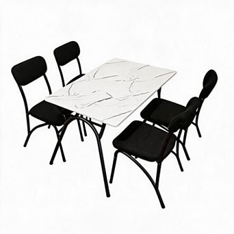 Space-Saving 5 pc Dining Table Set Modern Rectangular Faux Marble Table