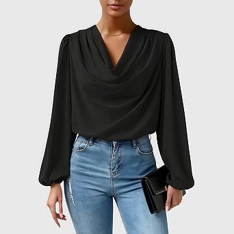 Women's Satin Blouses Dressy Silk Cowl Neck Long Sleeve Business Work Casual Shirts