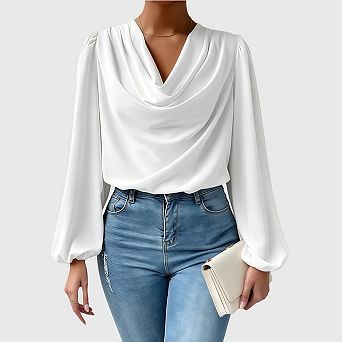 Women's Satin Blouses Dressy Silk Cowl Neck Long Sleeve Business Work Casual Shirts