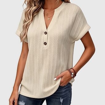 Women Summer Tops Short Sleeve V Neck Henley Shirts Dressy Button Blouses Sweaters