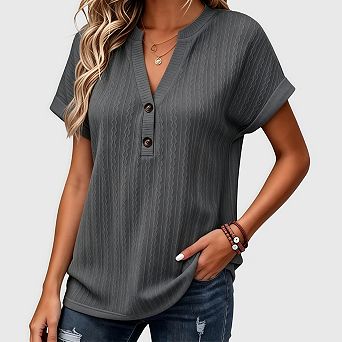 Women Summer Tops Short Sleeve V Neck Henley Shirts Dressy Button Blouses Sweaters