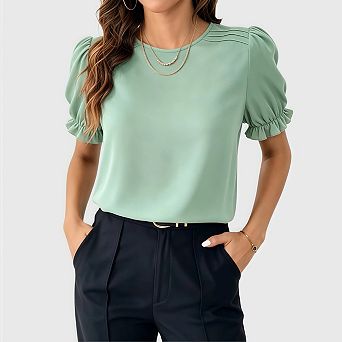 Women's Short Sleeve Shirts Casual Summer Round Neck Loose Fit Ruffle Blouse Tops