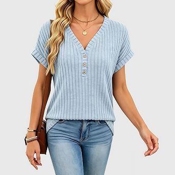 Womens Summer Short Sleeve Henley T Shirt Business Casual Dressy V Neck Loose Fit Tunic Sweater