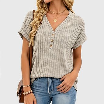 Womens Summer Short Sleeve Henley T Shirt Business Casual Dressy V Neck Loose Fit Tunic Sweater
