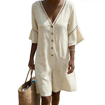 Women Linen Rompers Summer Casual Loose Short Sleeve V Neck One Piece Jumpsuits with Pockets
