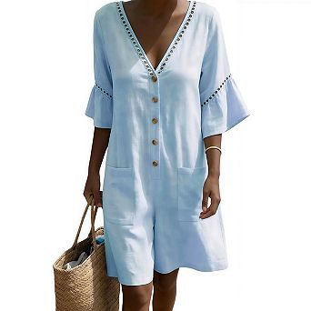 Women Linen Rompers Summer Casual Loose Short Sleeve V Neck One Piece Jumpsuits with Pockets