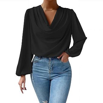 Women's Satin Blouses Dressy Silk Cowl Neck Long Sleeve Casual Business Work Shirts