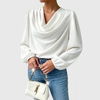 Women's Satin Blouses Dressy Silk Cowl Neck Long Sleeve Casual Business Work Shirts