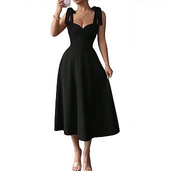 Women's Elegant Wedding Guest Bow Flare Ruffle Cocktail Party Summer Midi Dress