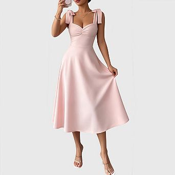 Women's Elegant Wedding Guest Bow Flare Ruffle Cocktail Party Summer Midi Dress