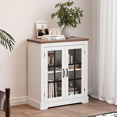 Buffet Cabinet with Storage, Sideboard Buffet with Glass Doors, Built-in Power Outlet